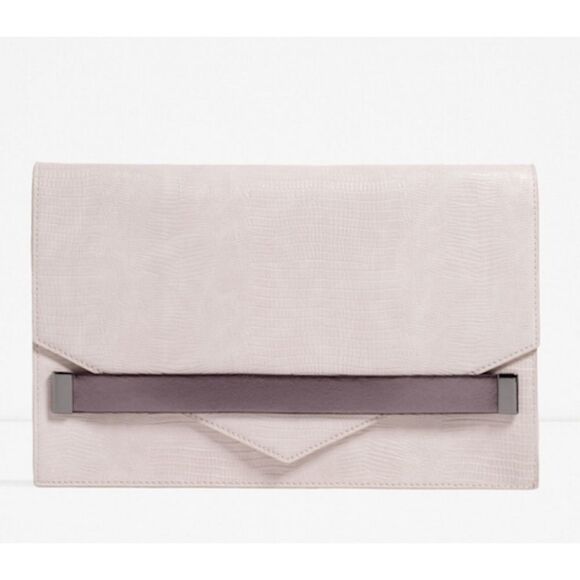Zara Envelope Embossed Croc Faux Leather Envelope Clutch Bag Off White - Picture 1 of 8